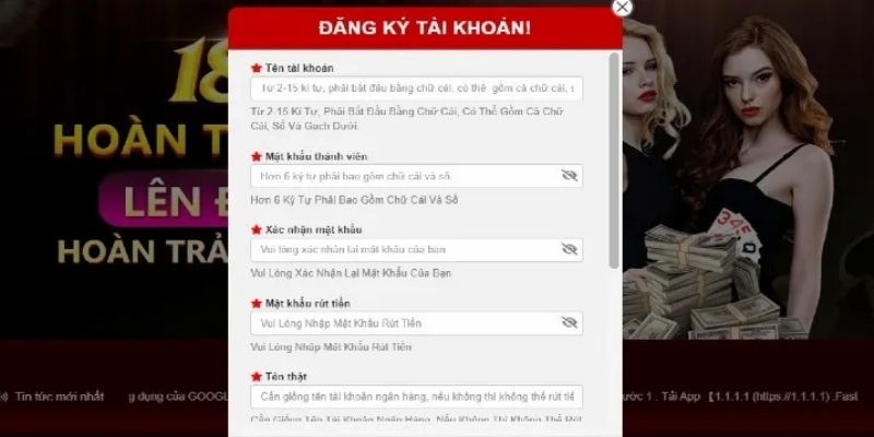 Thiết lập các thông tin đăng ký 18Win vào form yêu cầu